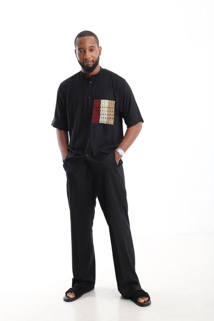 Premium Black Linen Tunic &amp; Trousers with Aso Oke Accent