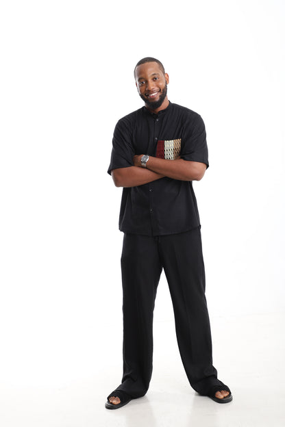 Premium Black Linen Tunic &amp; Trousers with Aso Oke Accent