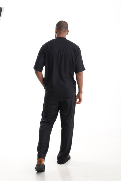 Premium Black Linen Tunic &amp; Trousers with Aso Oke Accent
