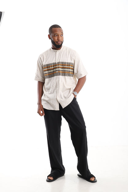 Premium Linen Mandarin Shirt with Artisanal Aso Oke Panel