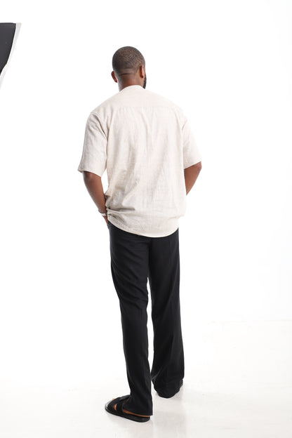 Premium Linen Mandarin Shirt with Artisanal Aso Oke Panel
