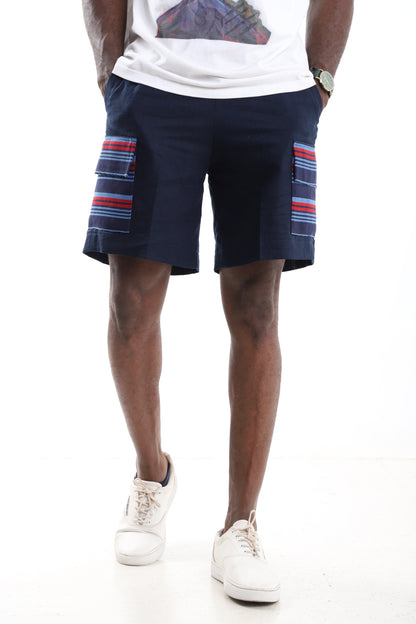 Navy Linen Cargo Shorts with Aso-Oke Accents