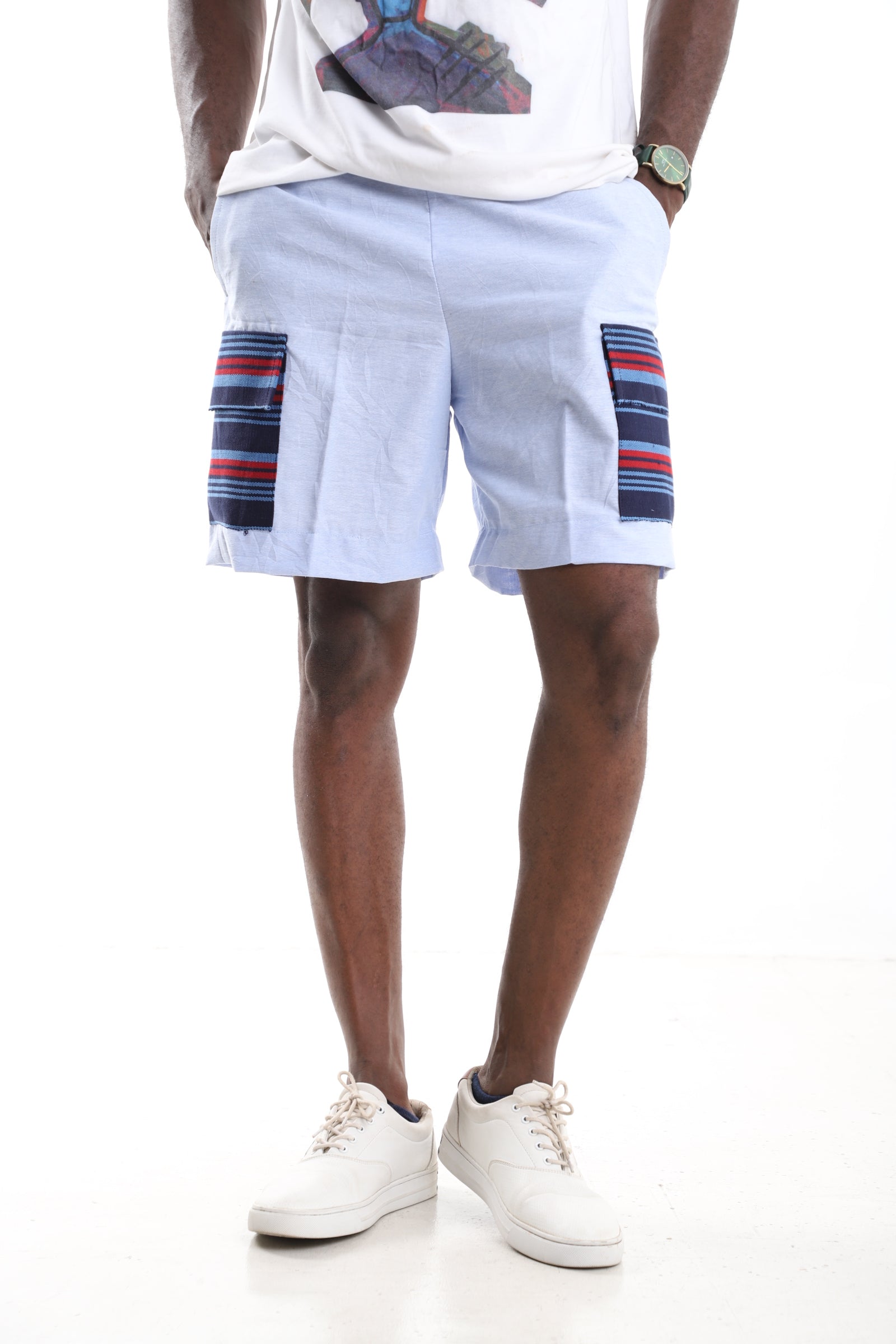 Sky Blue Linen Cargo Shorts with Aso-Oke Accents