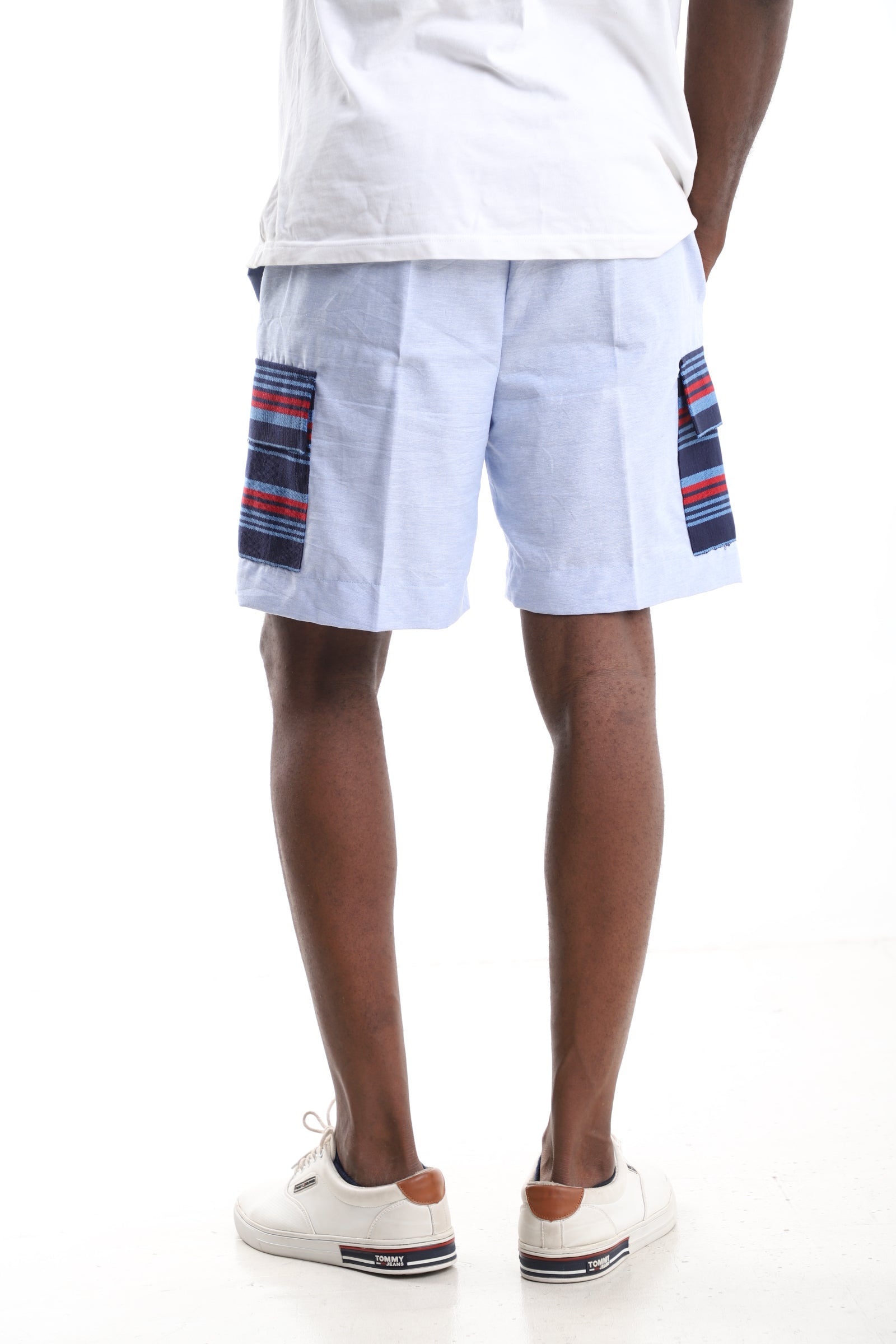 Sky Blue Linen Cargo Shorts with Aso-Oke Accents