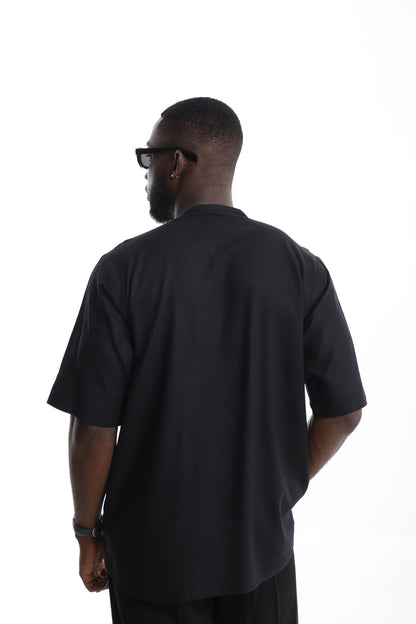 Black Linen Tunic with Batik-Print Pocket