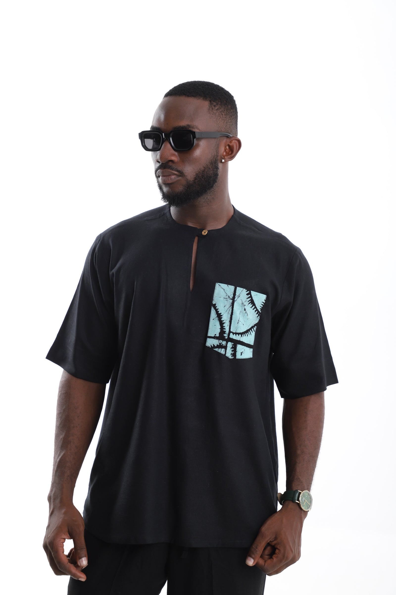 Black Linen Tunic with Batik-Print Pocket