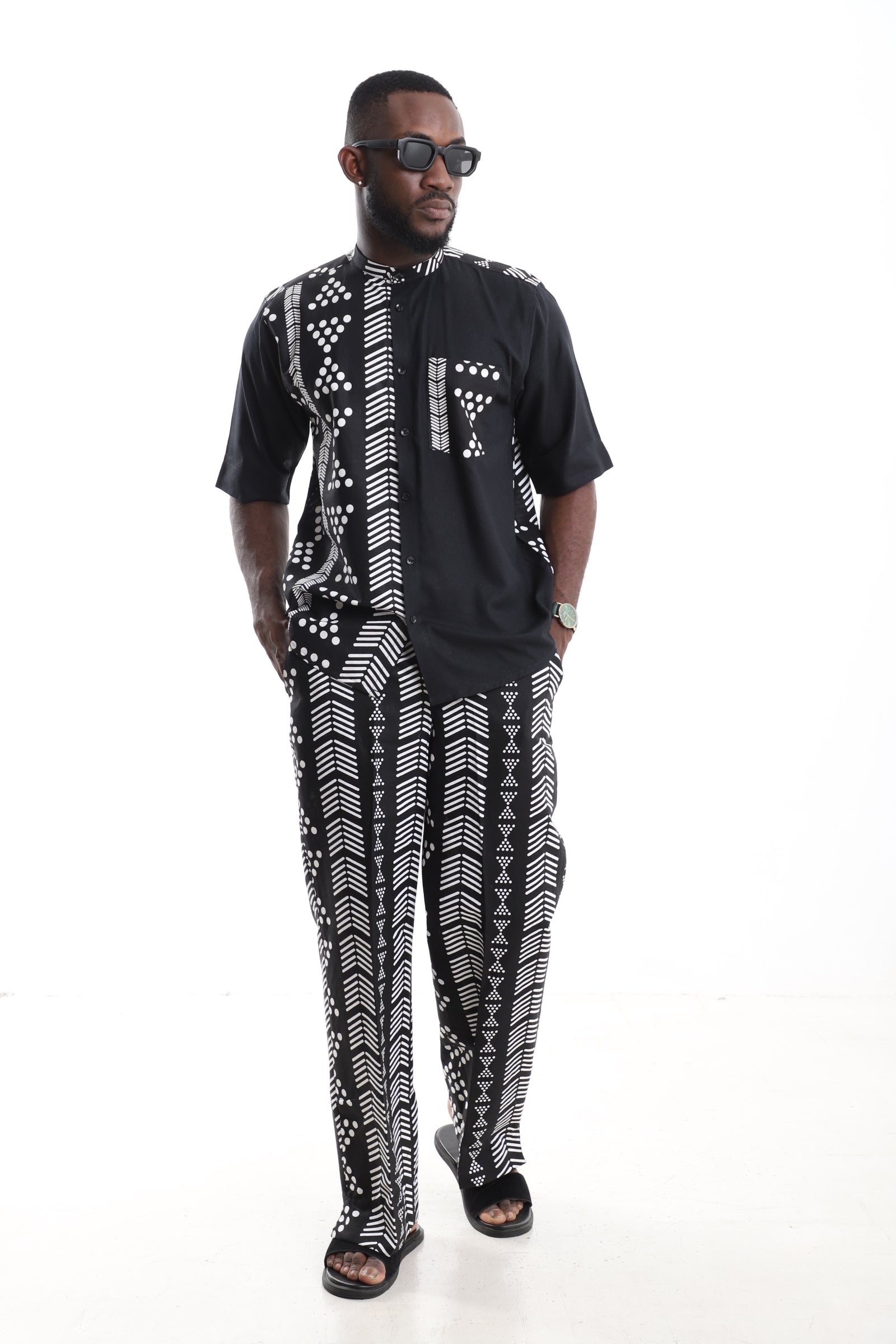 Monochrome Tribal Print Linen Two-Piece Set