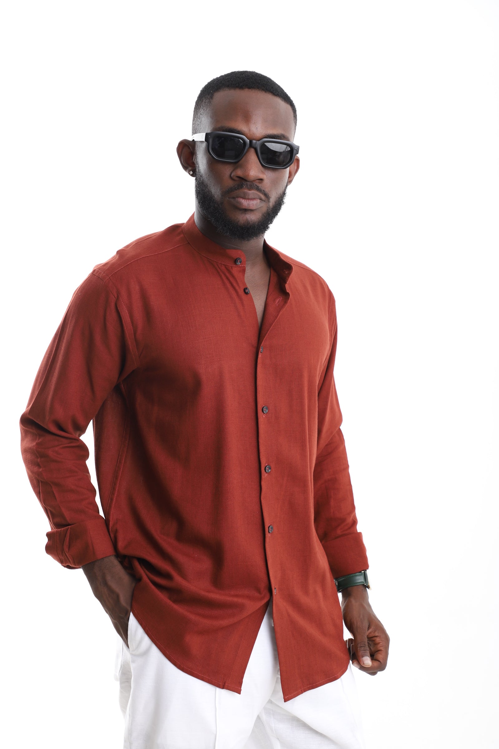 Men’s Terracotta Mandarin Collar Linen Shirt