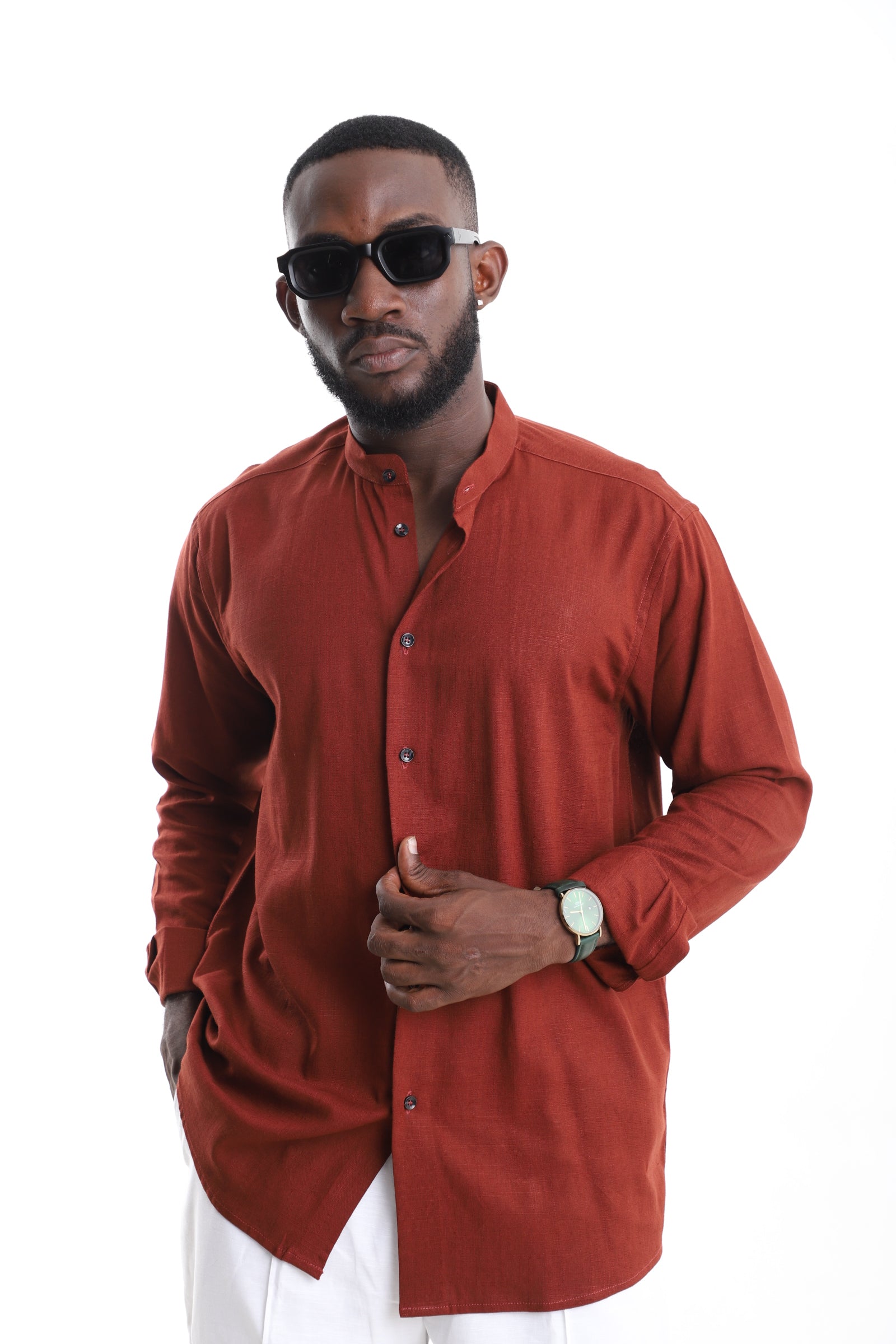 Men’s Terracotta Mandarin Collar Linen Shirt