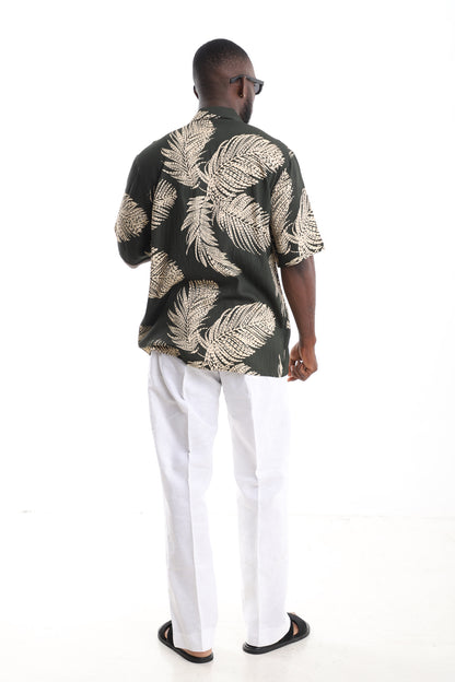 Tropical Palm Print Linen Two-Piece Set