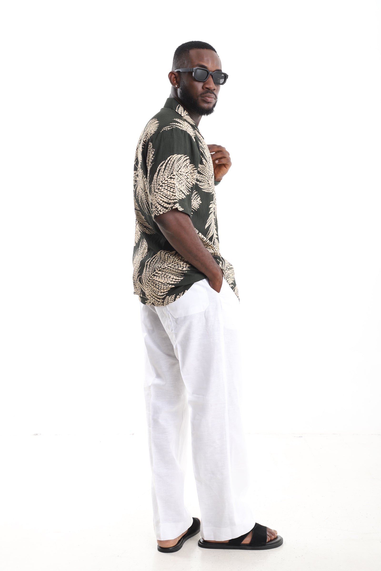 Tropical Palm Print Linen Two-Piece Set