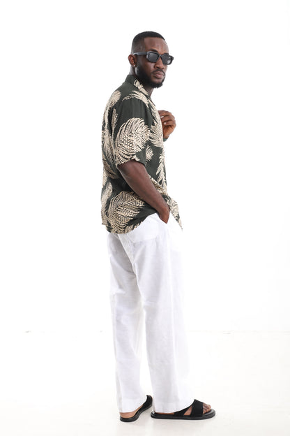 Tropical Palm Print Linen Two-Piece Set