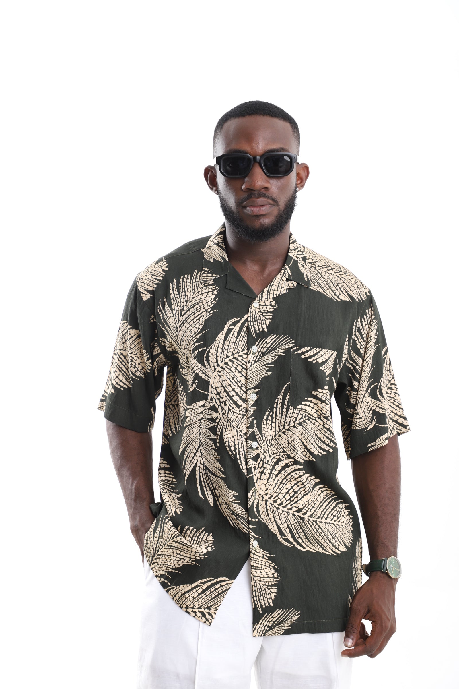 Tropical Palm Print Linen Shirt