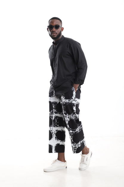 Black Linen Shirt &amp; Adire Cropped Trousers Set