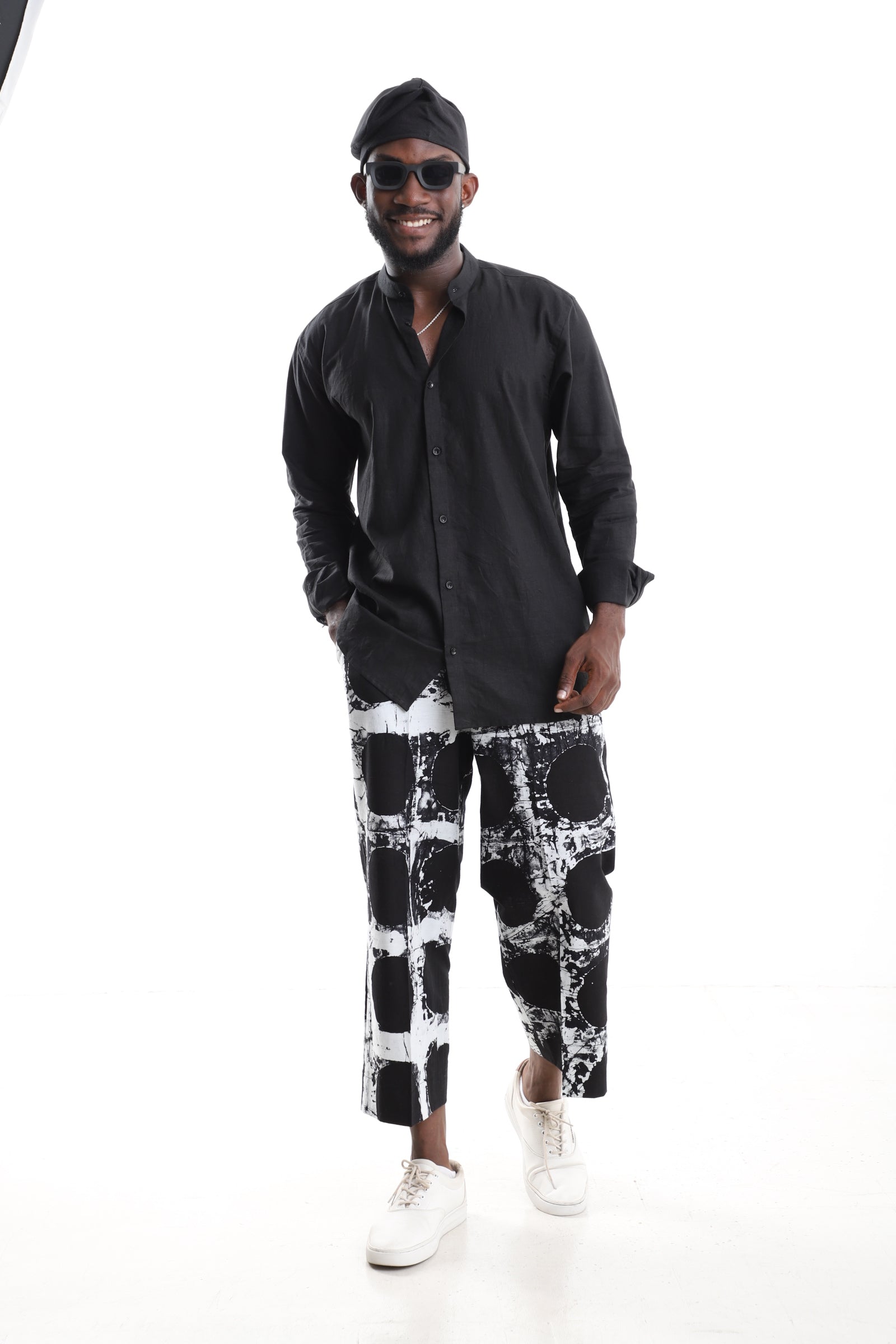 Black Linen Shirt &amp; Adire Cropped Trousers Set