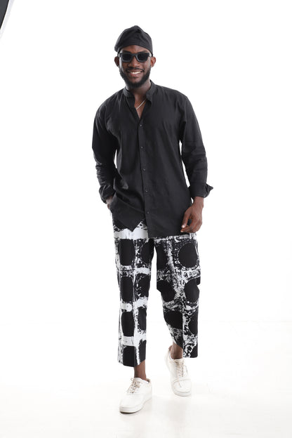 Black Linen Shirt &amp; Adire Cropped Trousers Set