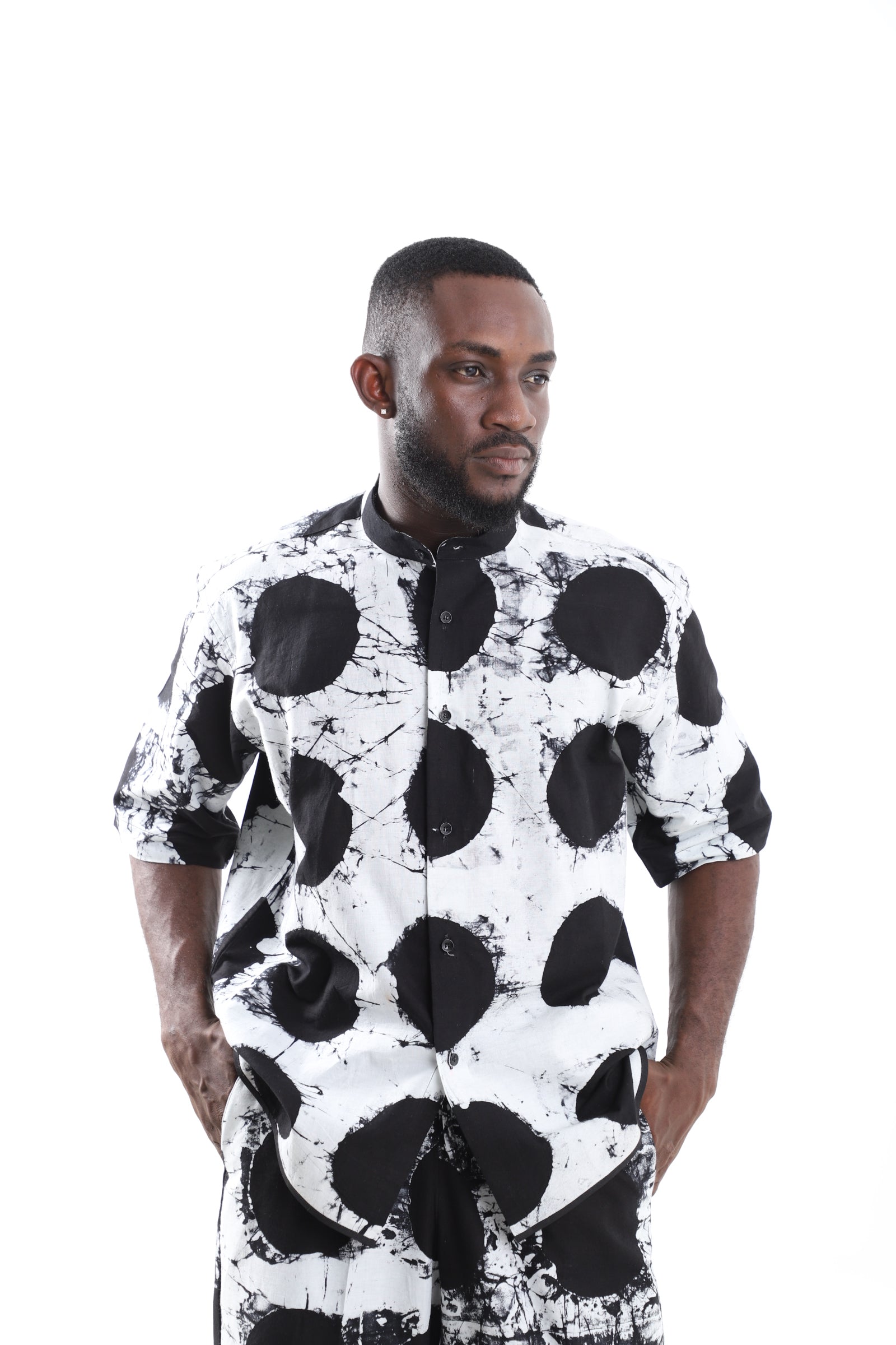 Monochrome Adire Polka-Dot Mandarin Shirt