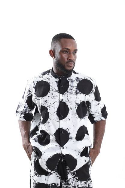Monochrome Adire Polka-Dot Mandarin Shirt