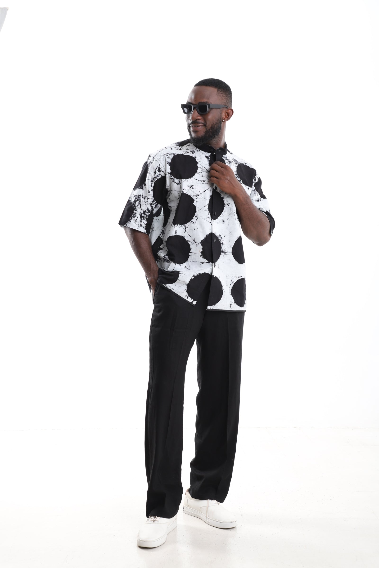 Monochrome Adire Polka-Dot Shirt &amp; Black tailored Trousers Set