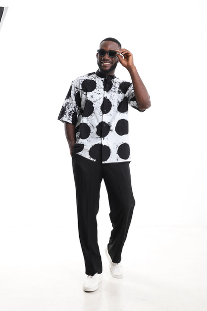 Monochrome Adire Polka-Dot Shirt &amp; Black tailored Trousers Set