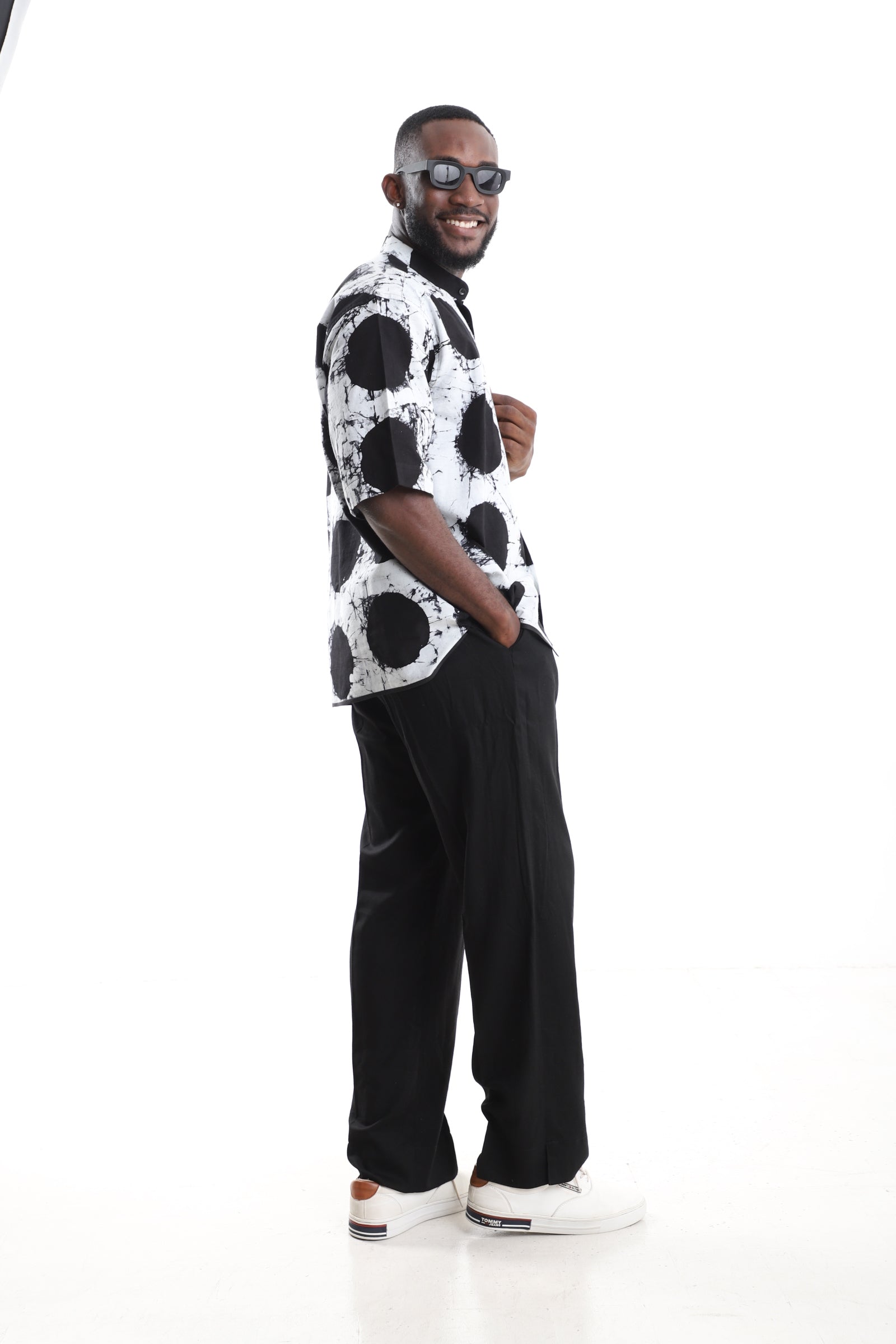Monochrome Adire Polka-Dot Shirt &amp; Black tailored Trousers Set