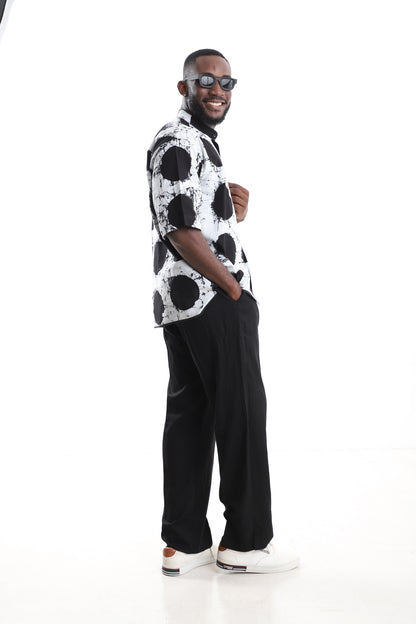 Monochrome Adire Polka-Dot Shirt &amp; Black tailored Trousers Set