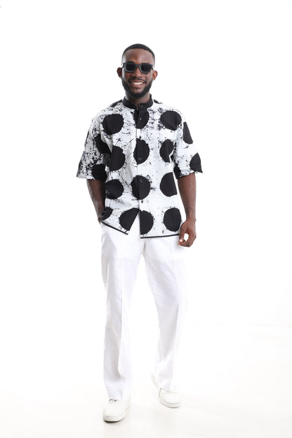 Monochrome Adire Polka-Dot Shirt &amp; White Linen Pants Set