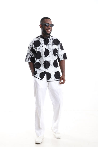 Monochrome Adire Polka-Dot Shirt &amp; White Linen Pants Set