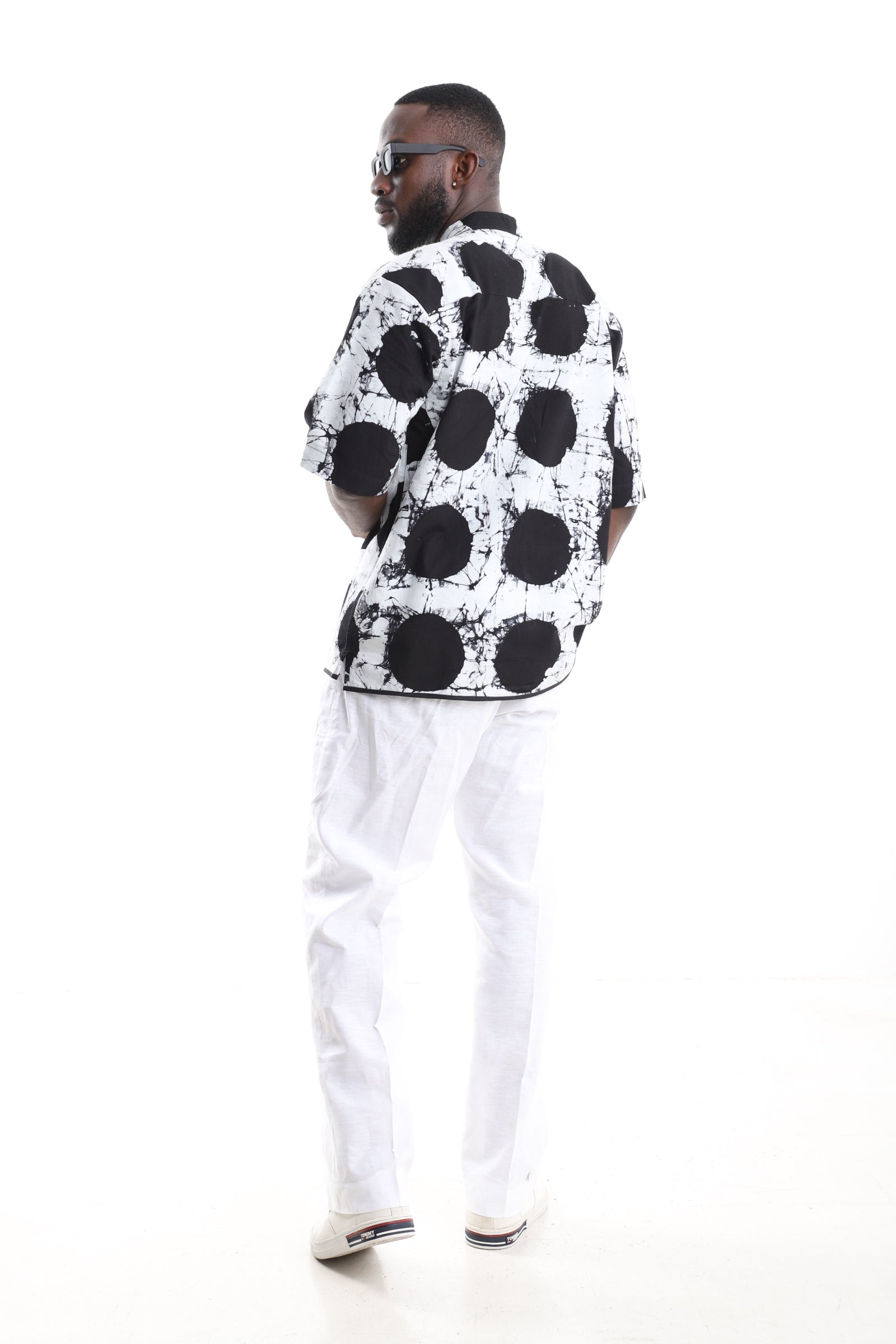 Monochrome Adire Polka-Dot Shirt &amp; White Linen Pants Set