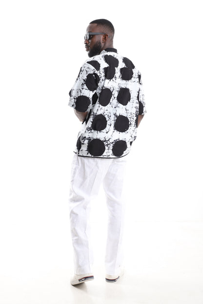 Monochrome Adire Polka-Dot Shirt &amp; White Linen Pants Set