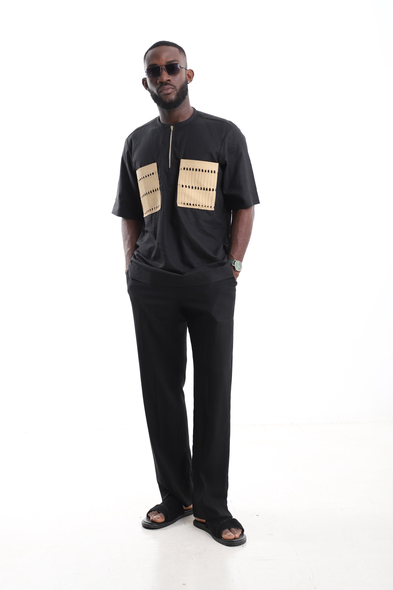 Premium Black Linen Utility Set with Dual Aso Oke Chest Panels