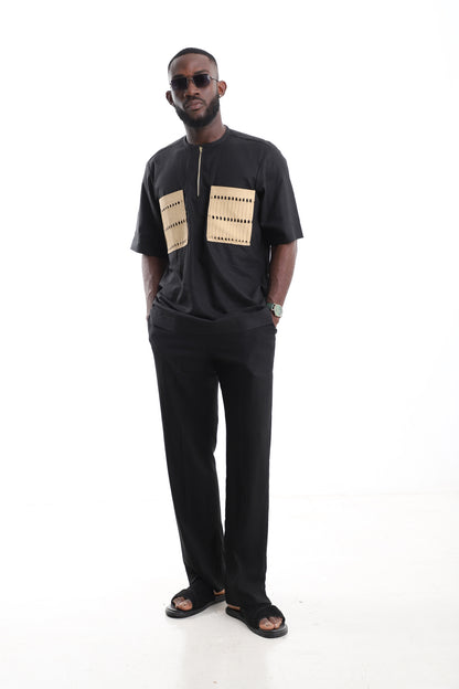 Premium Black Linen Utility Set with Dual Aso Oke Chest Panels