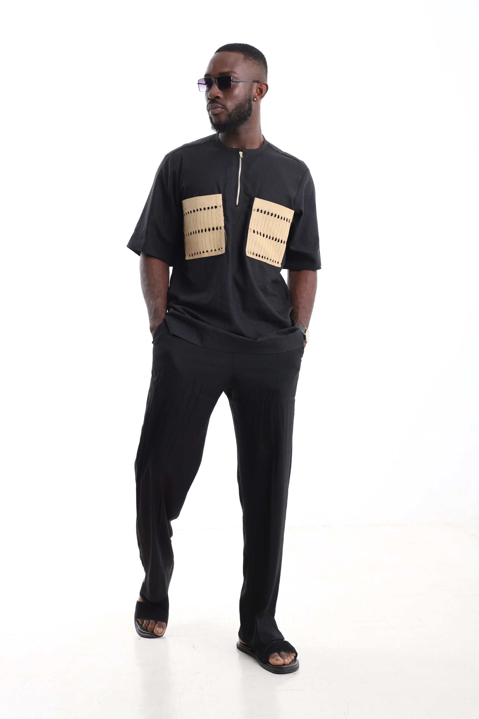Premium Black Linen Utility Set with Dual Aso Oke Chest Panels