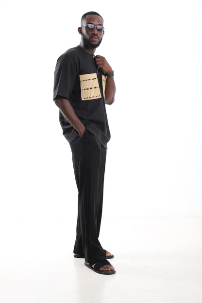 Premium Black Linen Utility Set with Dual Aso Oke Chest Panels