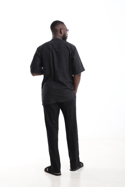 Premium Black Linen Utility Set with Dual Aso Oke Chest Panels