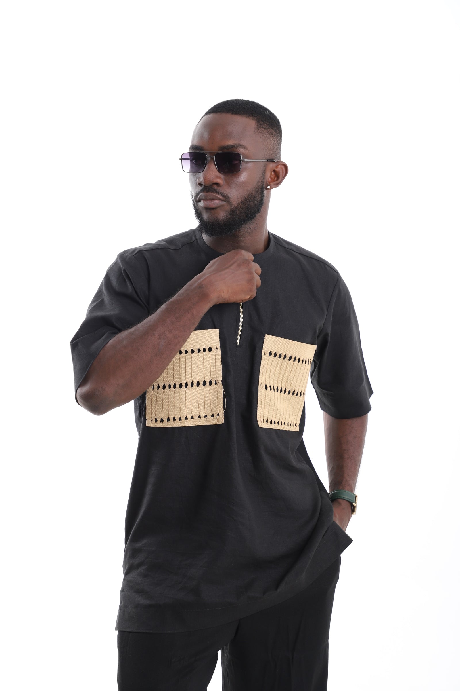 Black Linen Quarter-Zip Tunic