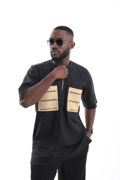Black Linen Quarter-Zip Tunic