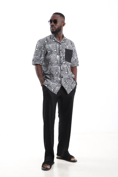The Monochrome Hand-Dyed Adire Camp Shirt & Black Linen Trousers Set