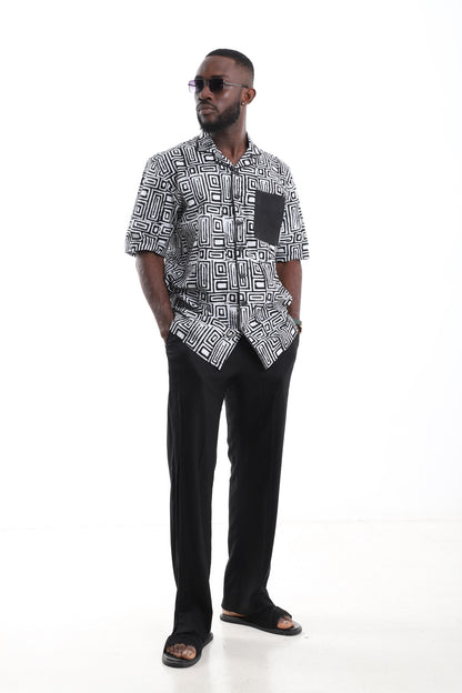 The Monochrome Hand-Dyed Adire Camp Shirt & Black Linen Trousers Set