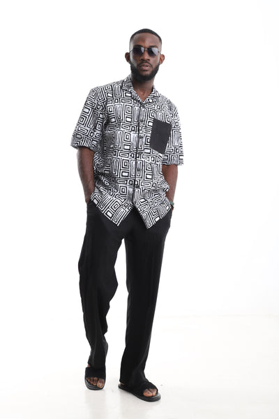 The Monochrome Hand-Dyed Adire Camp Shirt & Black Linen Trousers Set