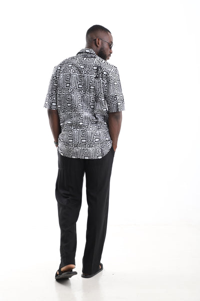 The Monochrome Hand-Dyed Adire Camp Shirt & Black Linen Trousers Set