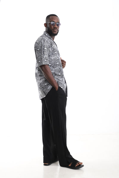 The Monochrome Hand-Dyed Adire Camp Shirt & Black Linen Trousers Set
