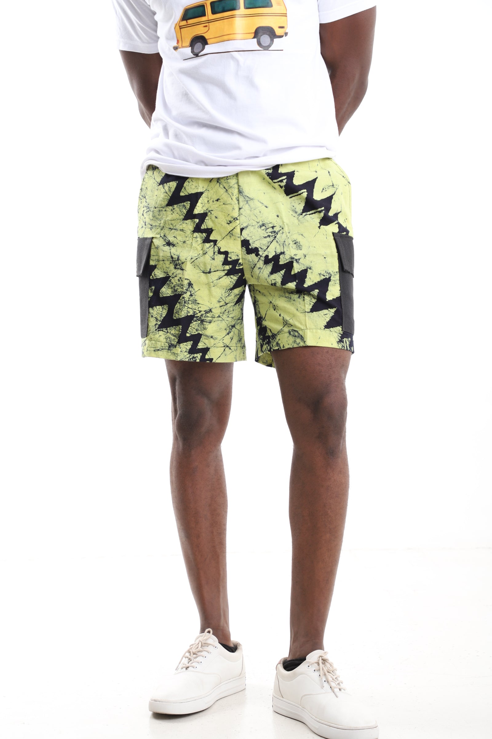 Premium Men's Lime Green Adire Cargo Shorts – Handcrafted African Heritage Streetwear