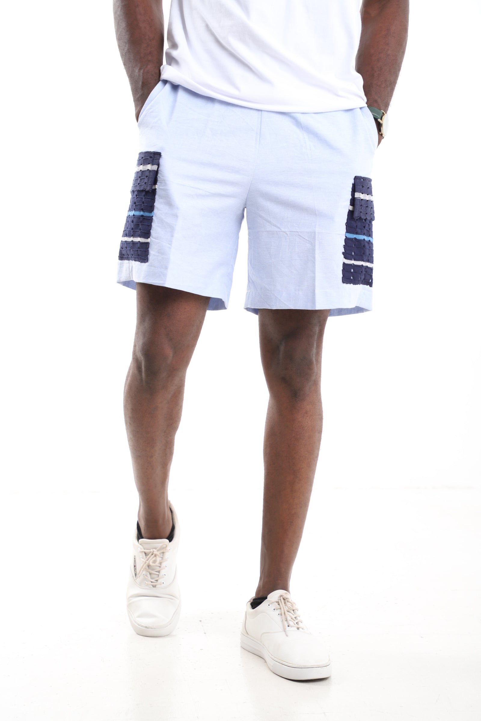 Men's Powder Blue Linen Cargo Shorts with Handwoven Aso-oke Accent Pockets