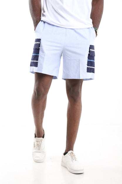 Men's Powder Blue Linen Cargo Shorts with Handwoven Aso-oke Accent Pockets