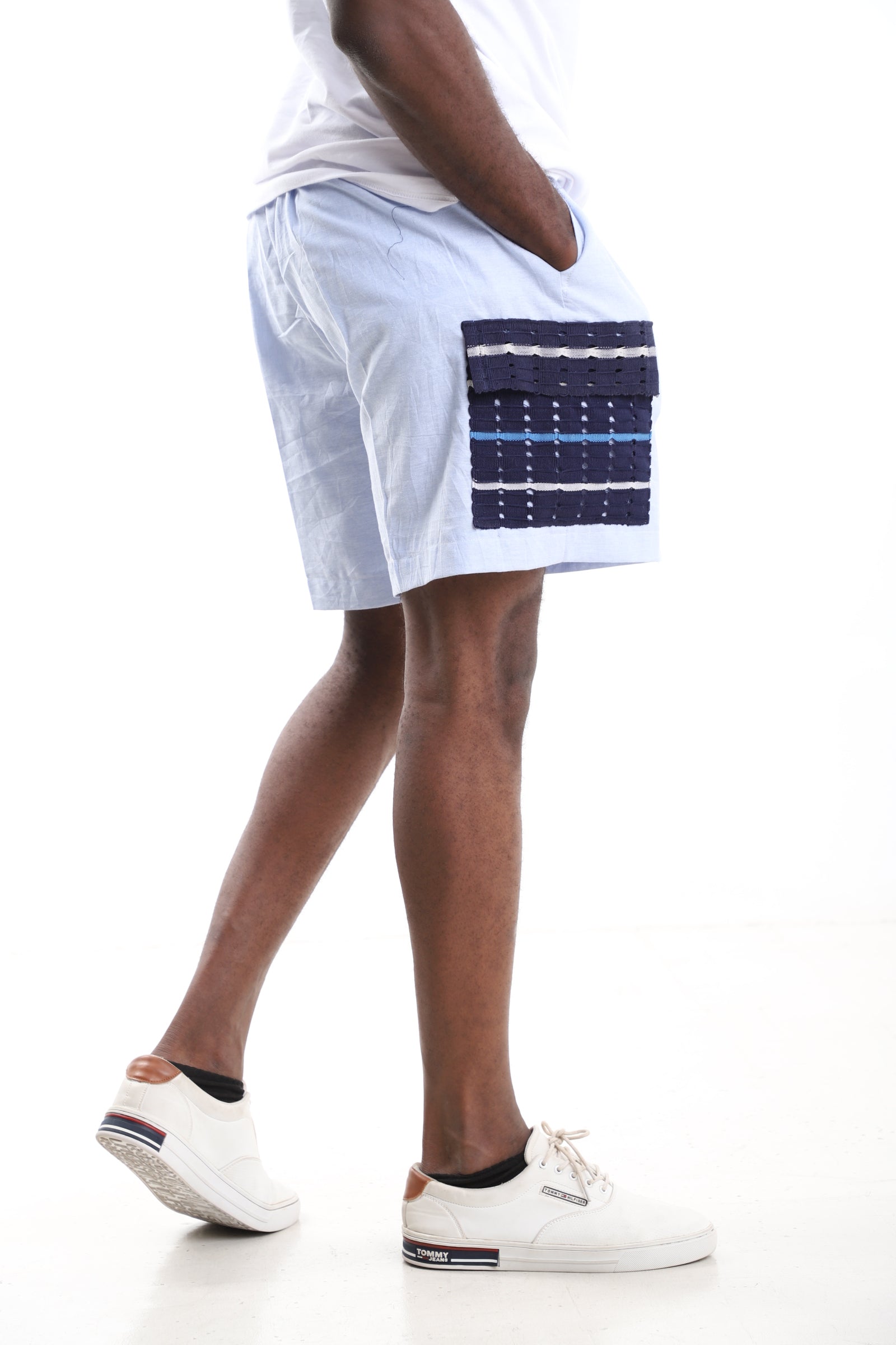 Men's Powder Blue Linen Cargo Shorts with Handwoven Aso-oke Accent Pockets