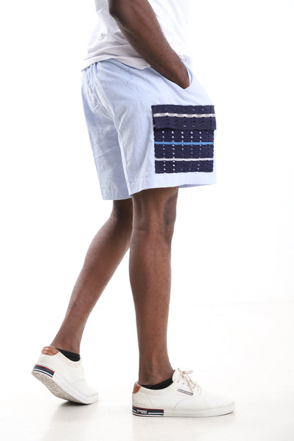 Men's Powder Blue Linen Cargo Shorts with Handwoven Aso-oke Accent Pockets