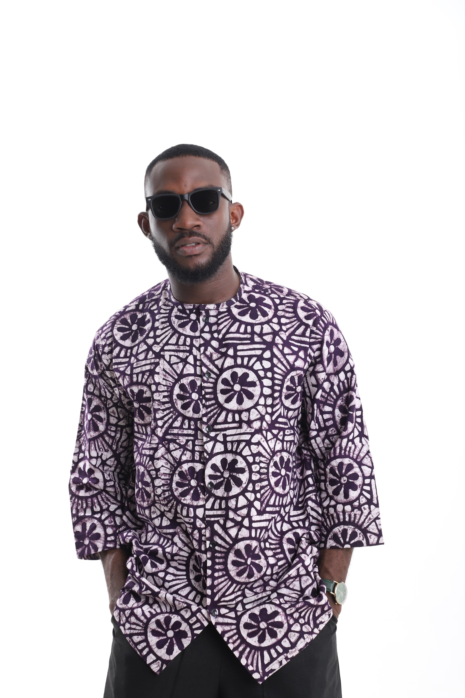 Premium Men's Handcrafted Purple Floral Adire Tunic Top – Contemporary African Menswear