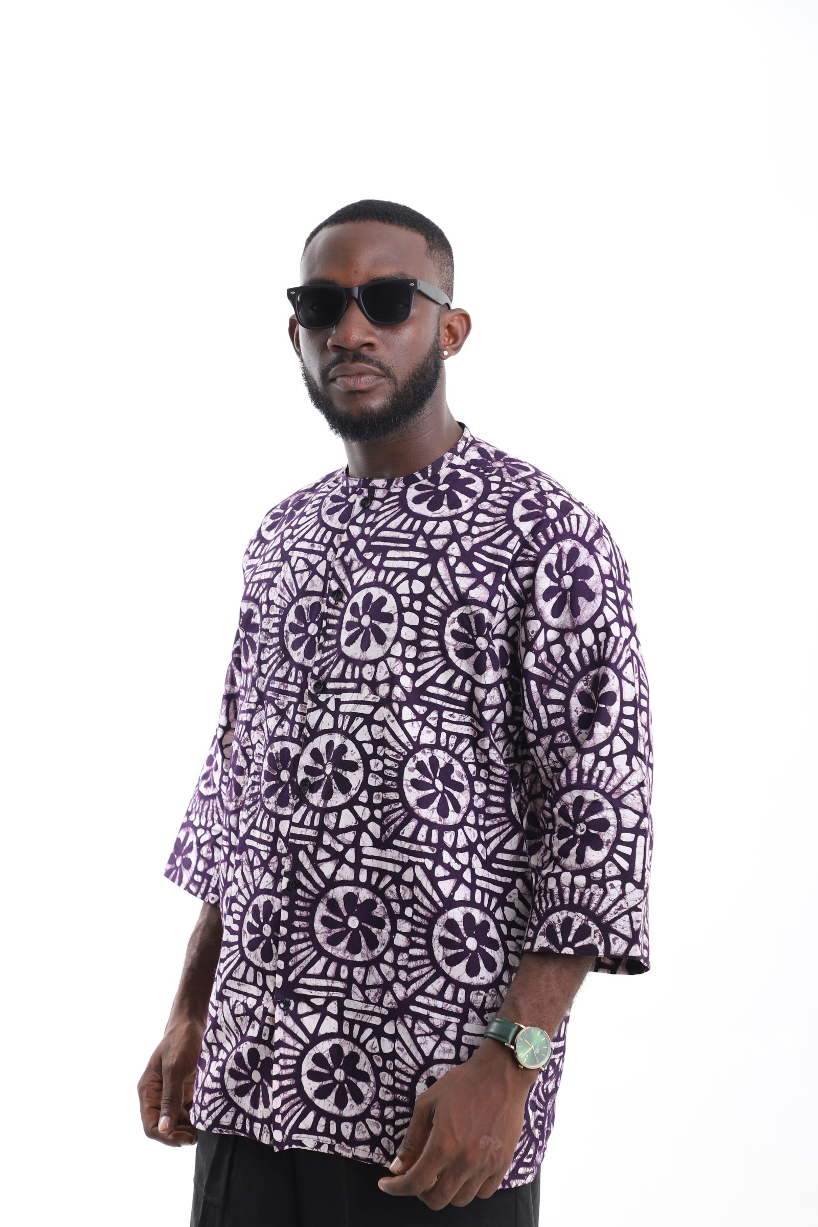 Premium Men's Handcrafted Purple Floral Adire Tunic Top – Contemporary African Menswear
