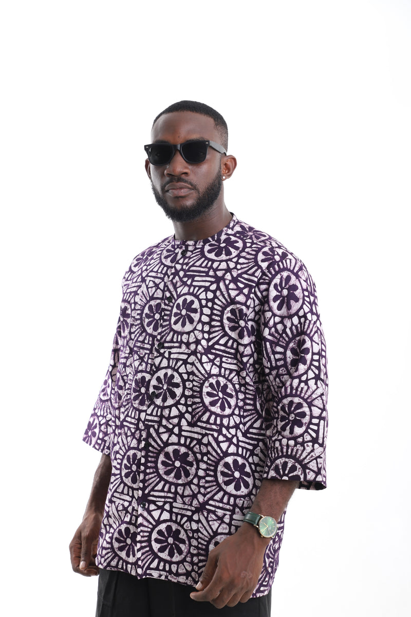 Premium Men's Handcrafted Purple Floral Adire Tunic Top – Contemporary African Menswear